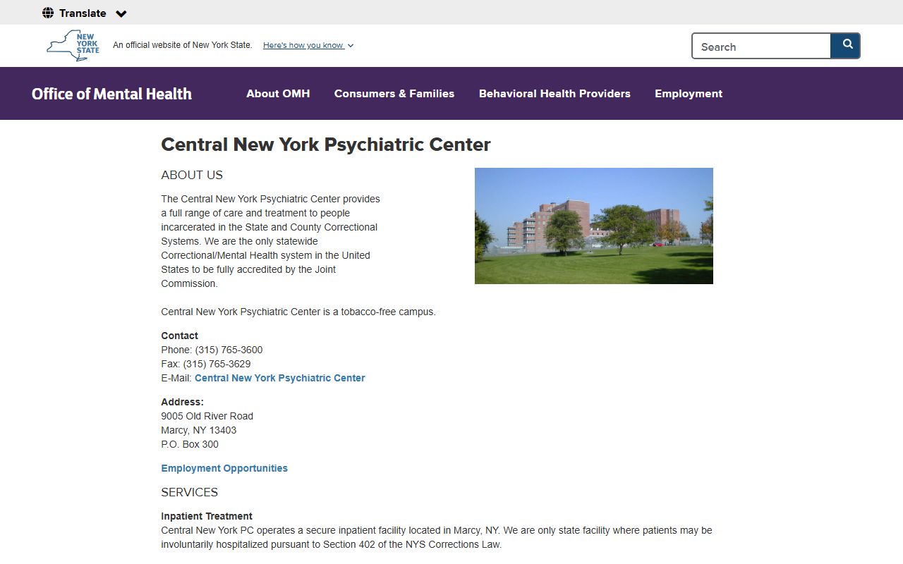 Central New York Psychiatric Center OMH secure correctional mental health facility page