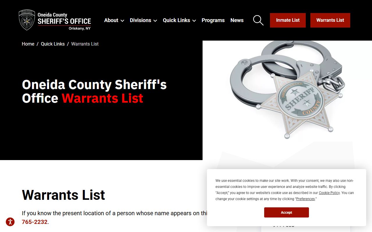 Oneida County Sheriff's active warrant list fields and warrant phone number