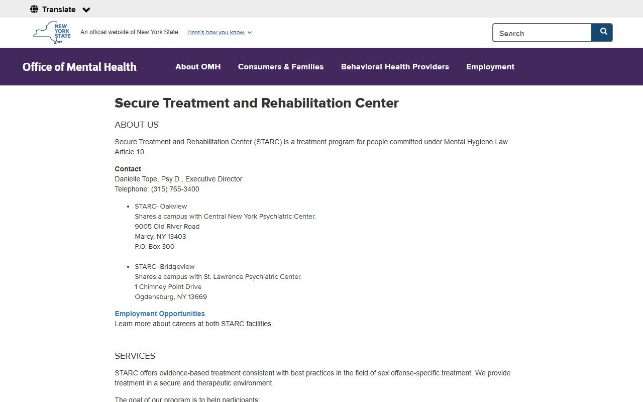 Secure Treatment and Rehabilitation Center - Oakview OMH Article 10 facility page